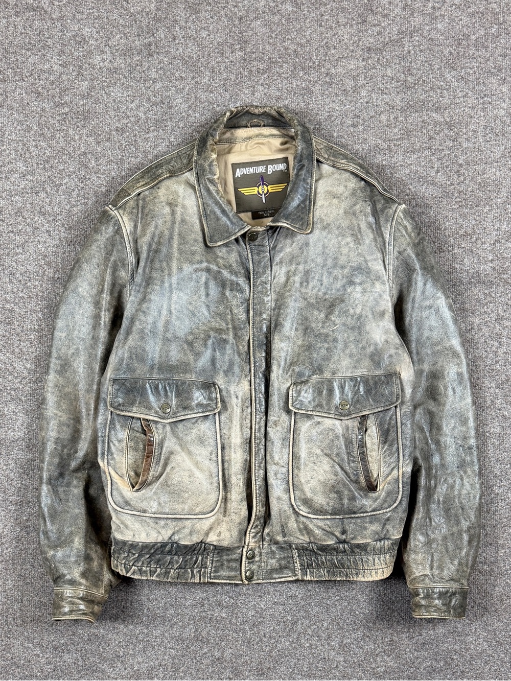Vintage Adventure Bound Distressed Patina Leather Flight Bomber Jacket Men’s XL